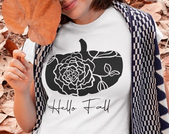 Hello Fall Shirt, Pumpkin Shirt, Pumpkin Floral Tee, Pumpkin T-Shirt, Fall Outfit, Festive Autumn Clothing, Shirt For Fall with Flowers