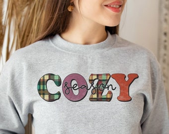 Cozy Season Sweatshirt, Cute Fall Sweater, Festive Pullover, Cozy Sweater, Holiday Apparel Sweatshirt, Plaid Pattern Sweatshirt, Warm Fuzzy
