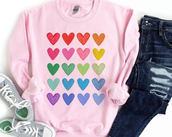 Rainbow Hearts Sweatshirt, Watercolor Heart Sweater, Rainbow Pullover, Colorful Hearts, Gay Pride Shirt, Rainbow Outfit, Valentines Day