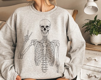 Skeleton Peace Sign Sweatshirt: Retro Halloween Crewneck