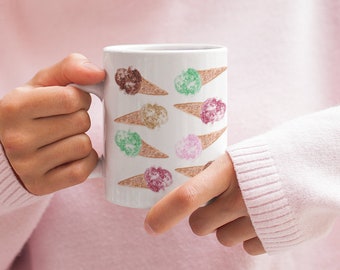 Ice Cream Pattern Mug, Ice Cream Mug, Dessert Mug, Cute Mug, Food Mug, Watercolor Mug, Gift For Her, 11oz 15oz Coffee Mug, Ceramic Mug