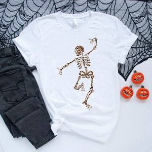 Leopard Dancing Skeleton T-Shirt, Cute Halloween Shirt, Skeleton Shirt, Skeleton Tee, Skeleton Body, Skeleton Gift, Skeleton Lover, Spooky