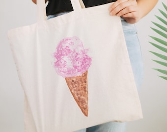 Ice Cream Cone Tote Bag, Cute Tote Bag, Market Bag, Pink Ice Cream Canvas Tote Bag, Shoulder Bag, Shopping Bag