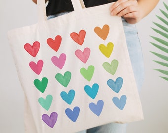 Rainbow Hearts Canvas Tote Bag: Gay Pride Market Bag