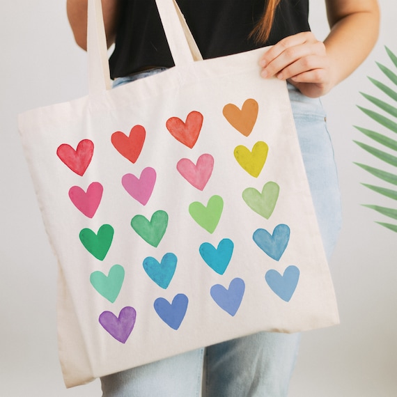 Rainbow Hearts Canvas Tote Bag: Gay Pride Market Bag