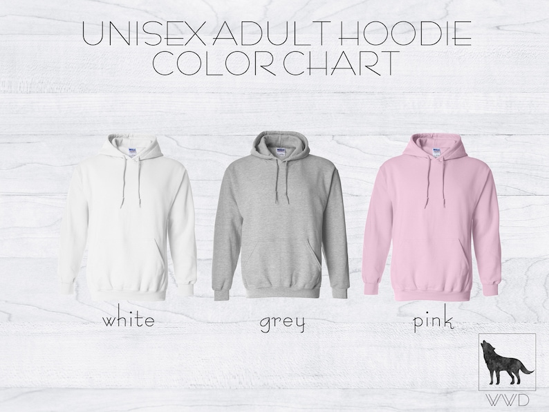 May include: Unisex adult hoodie color chart showing three hoodies in white, grey, and pink.