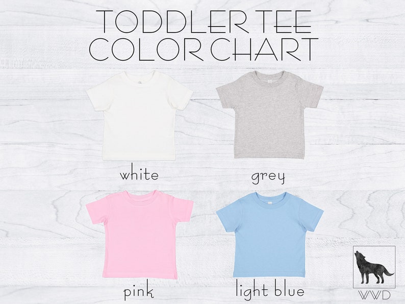May include: Color chart for toddler tees showing five different colors: white, grey, pink, light blue, and a wolf logo.