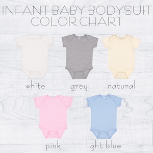 May include: Color chart for infant baby bodysuits. The chart shows five different colors: white, grey, natural, pink, and light blue.