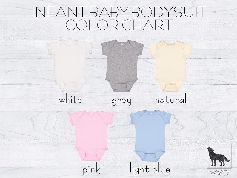 May include: Color chart for infant baby bodysuits. The chart shows five different colors: white, grey, natural, pink, and light blue.