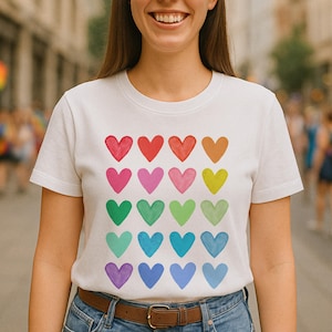 Rainbow Hearts Shirt, Watercolor Hearts, LGBTQ Pride T-Shirt, Gay Pride Tee, Lesbian Pride Shirt, Rainbow Outfit, Pride 2025, Heart Pattern