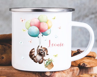 Kindertasse Geschenk Einschulung Waschbär Schultüte Schulkind Emaille