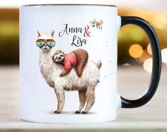 Tasse bedruckt Lama Faultier Kaffeetasse weiß, Geschenk Geburtstag, personalisiert mit Wunschnamen, Weihnachtsgeschenk