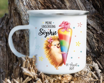 Kindertasse Geschenk Einschulung Waschbär Schultüte Schulkind Emaille