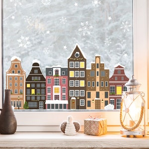 Wiederverwendbares Fensterbild Weihnachten Winterstadt Stadthäuser Amsterdam, Fensterdekoration Weihnachten Winter
