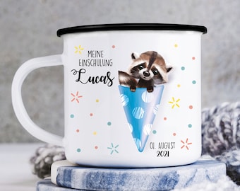 Kindertasse Geschenk Einschulung Waschbär Schultüte Schulkind Emaille