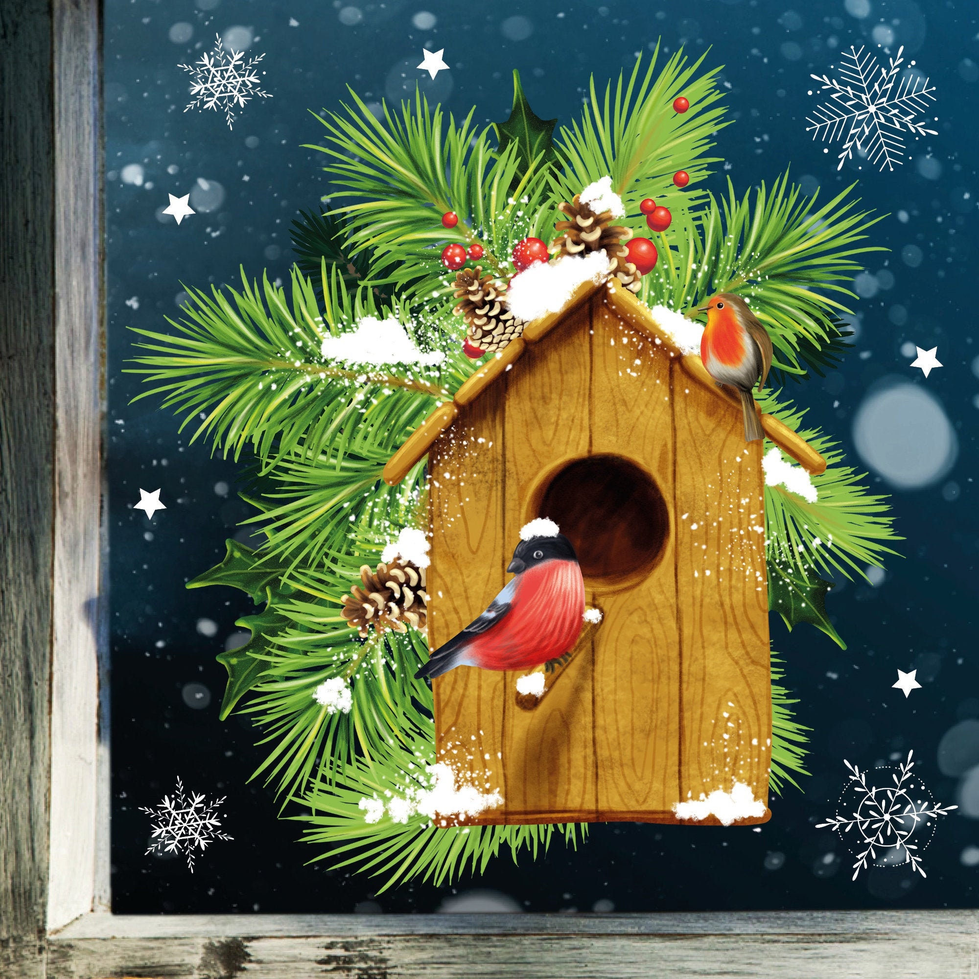 Fensterbild Weihnachten Winter Vogelhäuschen Tannenzweige Schneeflocken  Fensteraufkleber -  Österreich