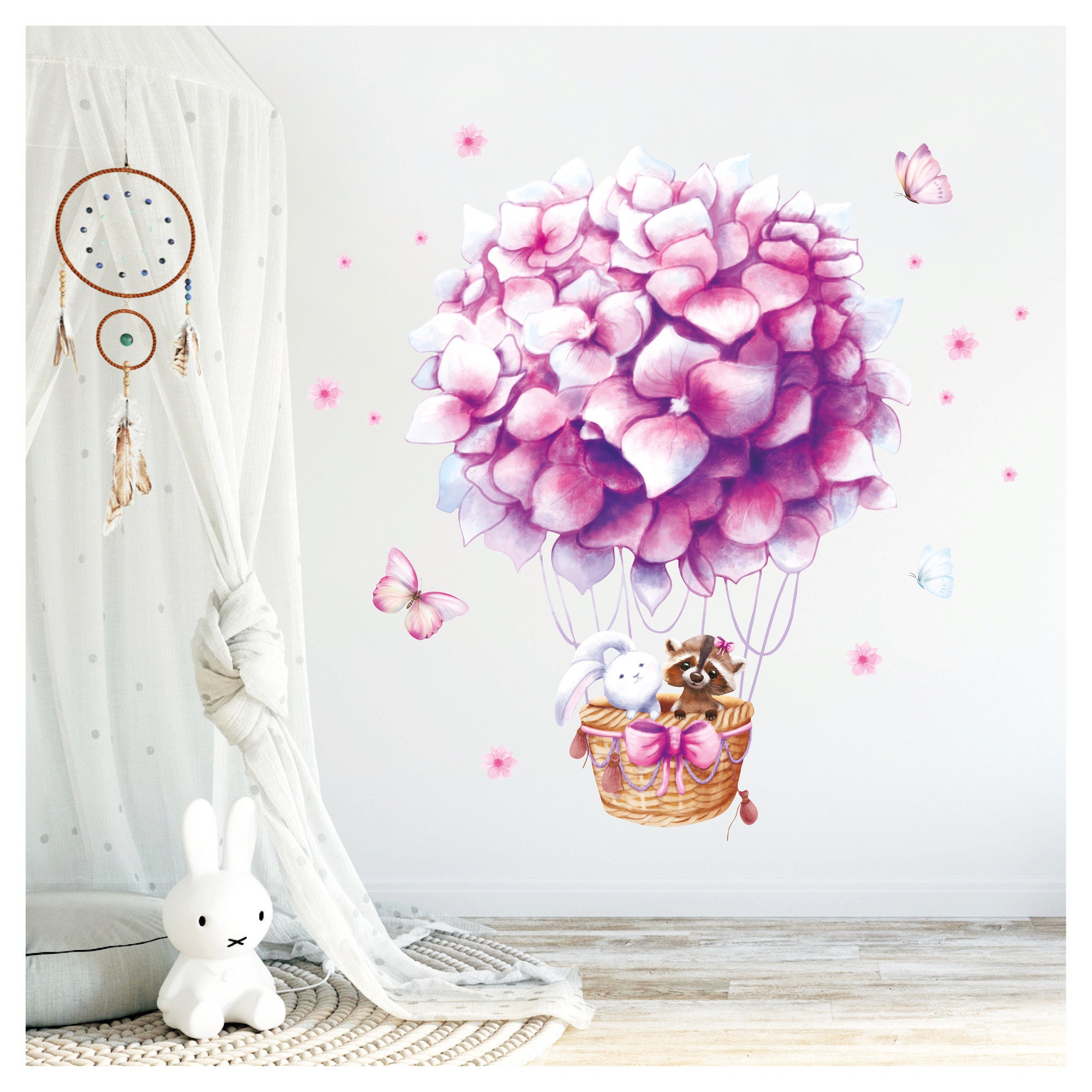 Wandtattoo Kinderzimmer Denmark Blumen - Babyzimmer Waschbär Heißluftballon Dekoration Mädchen Rosa Etsy Lila Hase