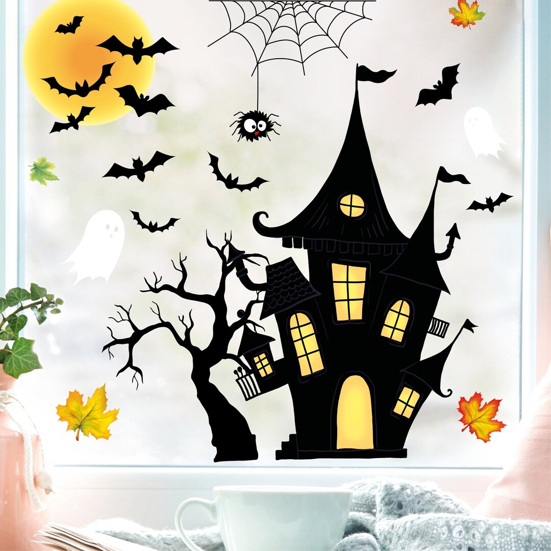 Fensterbild Halloween Haus Gruselhaus Spinnennetz Fledermäuse 