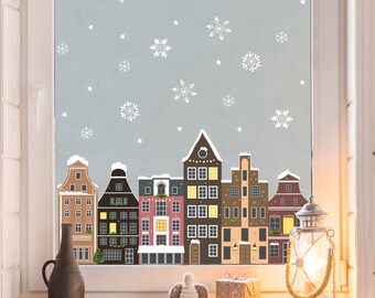 Sichtschutzfolie Fenster Küche Winterstadt mit dunklen Giebelhäuser