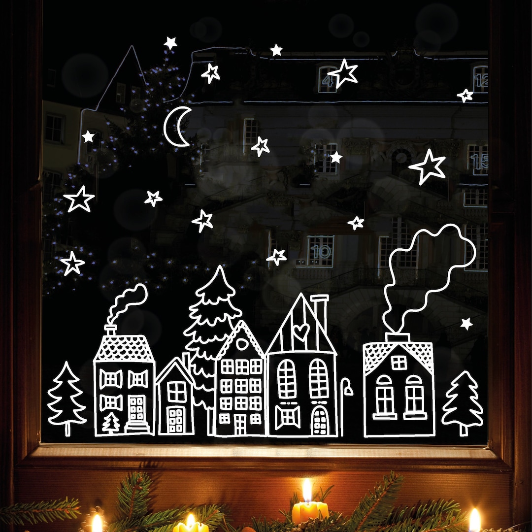 Wiederverwendbares Fensterbild Weihnachten Winterstadt Skyline