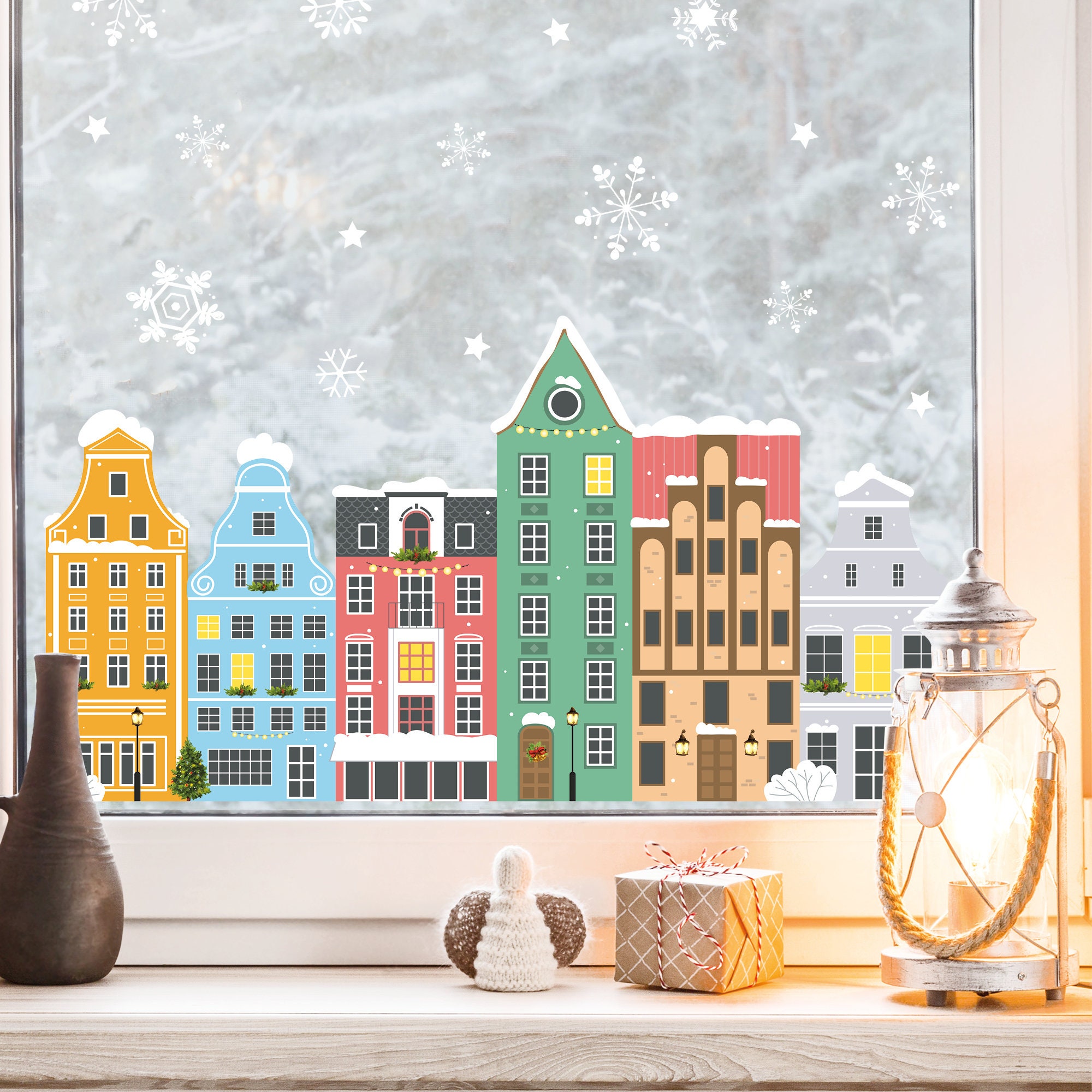 Fensterbild Weihnachten Winter Adventskerzen mit weihnachtlichen Motiven  und Flammen zum Selbstaufkleben Fensteraufkleber Fensterdeko
