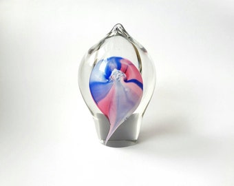 Vase en verre tchèque Jiri Suhajek Novy Bor ~ clair Vase en verre avec fleur bleue et rose ~ Bohème Vintage Vase en verre Art