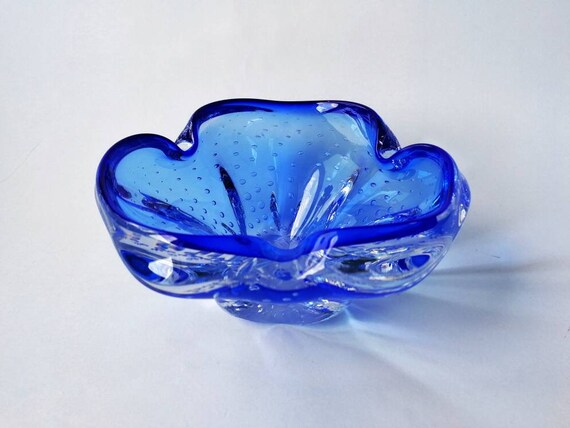 Rare Czech Josef Hospodka Chribska Glass Ashtray Blue - Vintage Blue Glass Ashtray Rare Czech Josef Hospodka Chribska Glass Ashtray Blue - Vintage Blue Glass Ashtray