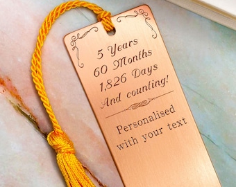 Personalised copper gift for 5th anniversary, copper bookmark, metal bookmark, 5th wedding anniversary gift, personalised bookmark