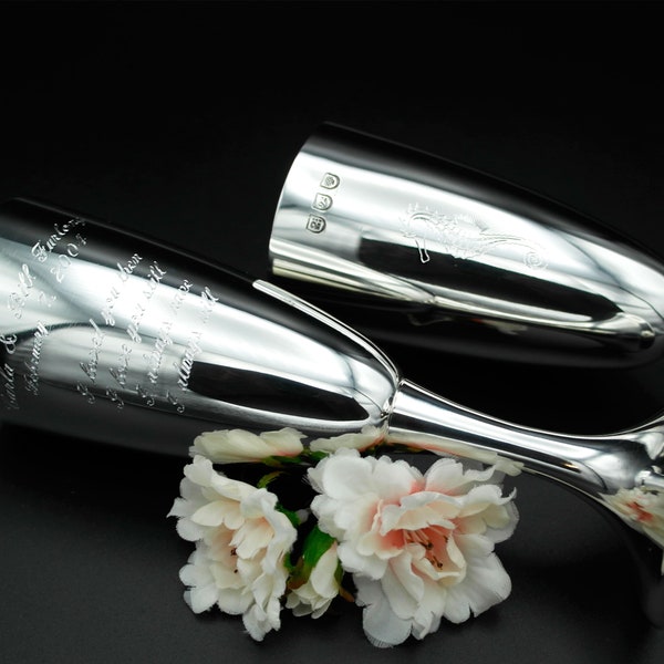 Engraved silver flutes 1st wedding anniversary personalised gift metal flute pair custom engraved 1st anniversary present gift for couple