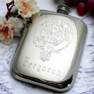Family Crest Gift Family Crest Flask Pewter Flask Engraved Hip flask Clan Gift Flask Clan Badge Gift Clan Badge Flask Custom Scottish Flask