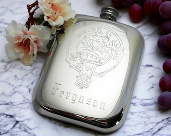 Family Crest Gift Family Crest Flask Pewter Flask Engraved Hip flask Clan Gift Flask Clan Badge Gift Clan Badge Flask Custom Scottish Flask