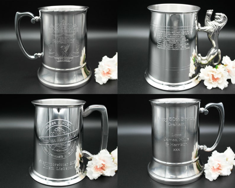 May include: Four silver pewter tankards with different engravings. The tankards have a lion head handle and a round base. The engravings include a soccer team logo, a list of names, a birthday message, and a soccer team logo with a banner.