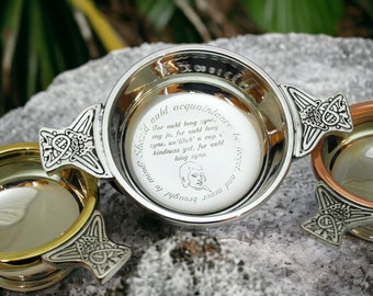 Quaich escocês gravado, presente de casamento, quaich personalizado para casamento, quaich tradicional escocês para casamento, quaich escocês gravado e personalizado.