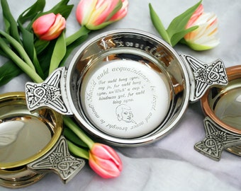 Quaich celta gravado para presente de casamento, quaich personalizado para casamento, quaich celta tradicional para casamento, quaich celta gravado personalizado.