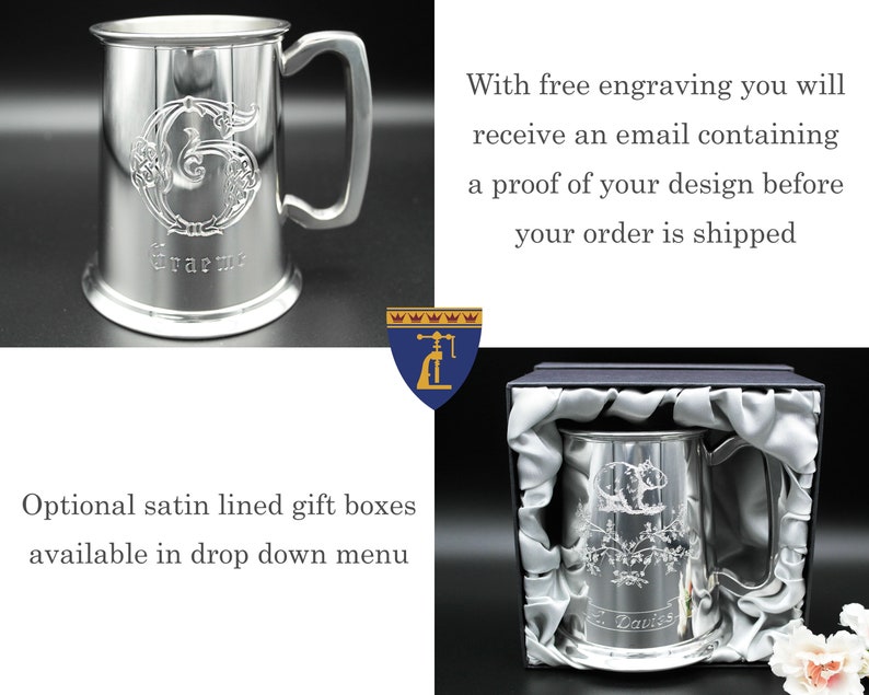 May include: A silver pewter tankard with a personalized engraving. The tankard has a handle and a round base. The engraving includes a letter G with a floral design and the name "Graeme".