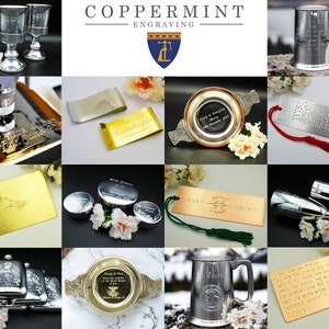 May include: A collection of personalized engraved gifts, including a silver tankard, a silver goblet, a silver hip flask, a silver bookmark, a silver money clip, a silver box, a silver cup, and a silver plate. The items are all engraved with different designs and text.