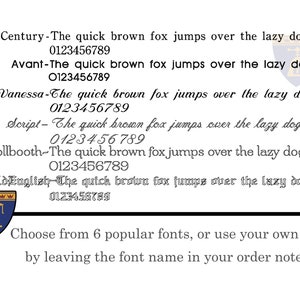 May include: A graphic showing six different font styles for the phrase "The quick brown fox jumps over the lazy dog" with the numbers 0123456789 below each font style. The fonts are Century, Avant, Vanessa, Script, Tollbooth, and Old English. The graphic also includes a blue shield with a scale and a crown on top.