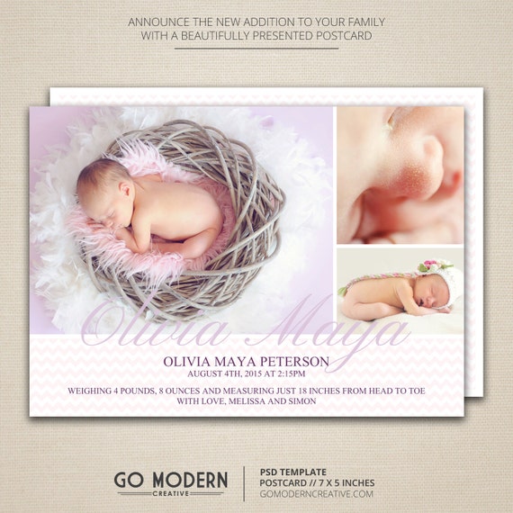 Baby Madchen Geburt Ankundigung Postkarte Vorlage Etsy