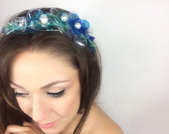 SALE Blue Bridal Headband, Floral Wedding Tiara, Upcycled Jewelry, Floral Headpiece by ENNA