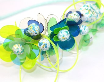 Floral Headband, Flower Hair Vine, Flower Turquoise Tiara, Bridesmaid Head Piece, Neon Blue