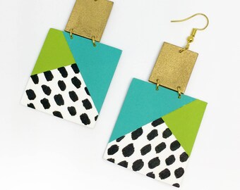 Two Square Statement Earrings, Geometric Drop Dangle Earrings, Hand painted Design by ENNA