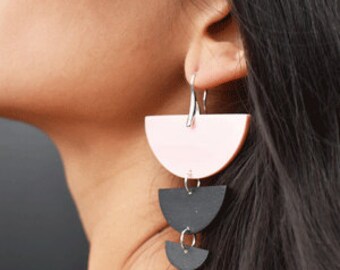 Half Circle Statement Earrings in Pale Pink and Black, Drop Tiered Earrings by ENNA jewellery