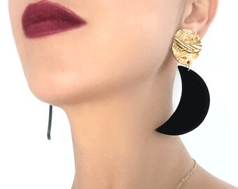 Statement Crescent Black Drop Earrings, Gold Disc Dangle Earrings