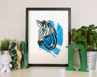 Linocut Print Zebra, Blue, Green,Red, A4 Wall Art, Limited Edition, Custom Prints by ENNA