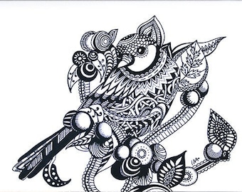 Original Bird Ink Drawing, Nature Art, Cockerel Drawing, Owl Drawing, Sparrow Drawing, Framed
