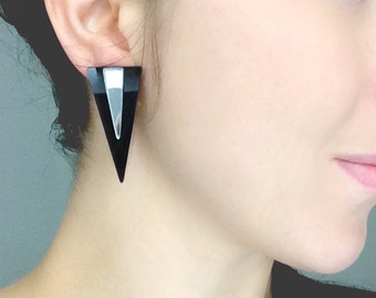 Geometric Triangle Earrings, Black Acrylic Stud Earrings, Black & Mirror by ENNA