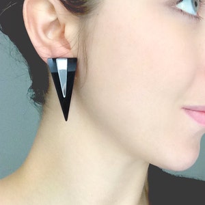 Geometric Triangle Earrings, Black Acrylic Stud Earrings, Black & Mirror by ENNA image 1