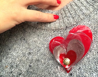 SALE Red Acrylic Brooch, Plastic Bottle Heart Brooch, PET bottle Brooch, Perspex Valentine Brooch by Enna