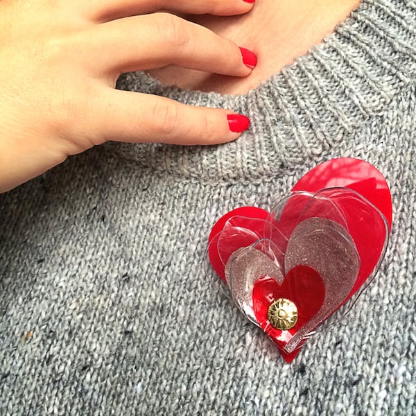 SALE Red Acrylic Brooch, Plastic Bottle Heart Brooch, PET bottle Brooch, Perspex Valentine Brooch by Enna