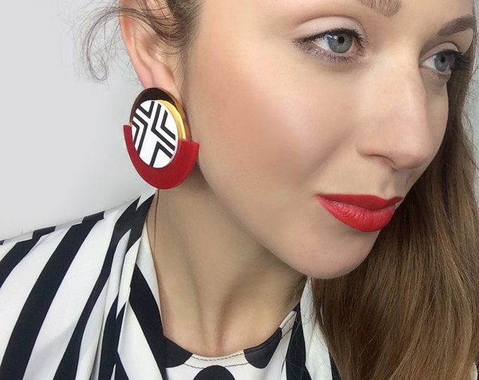 Red and Gold Round Earrings, Black and White Geometric Clip-on Earrings ...